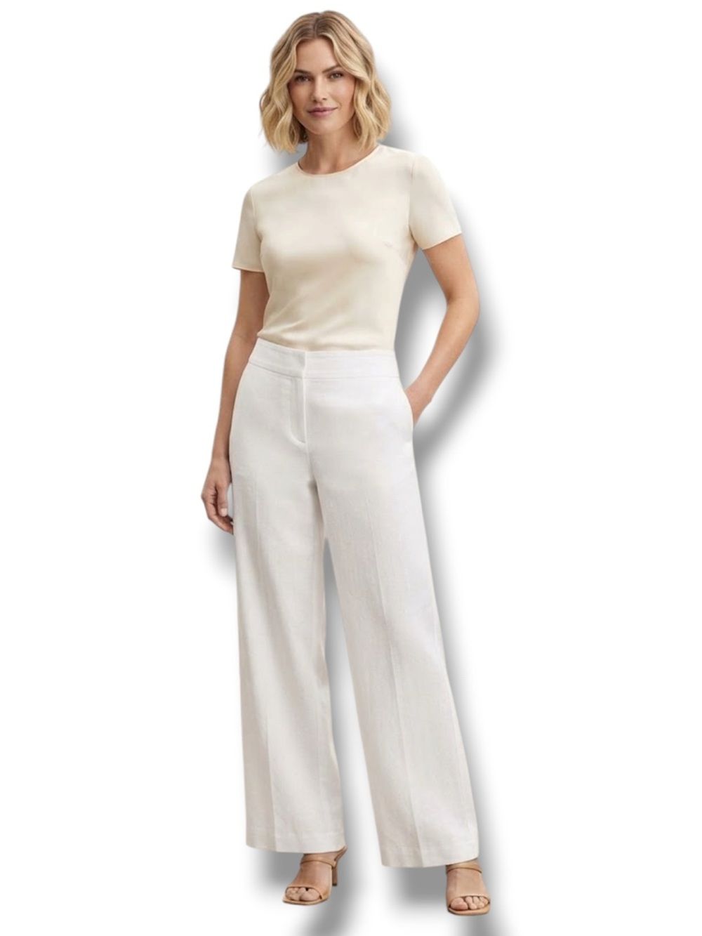 Worthington White 100% Linen Wide Leg Trousers Pants Size 14 Coastal Grandma